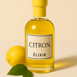 Huile d'olive extra vierge infusée au citron ( packaging de la bouteille inspiré de flacon de parfum, avec un citron à coté de la bouteille )
