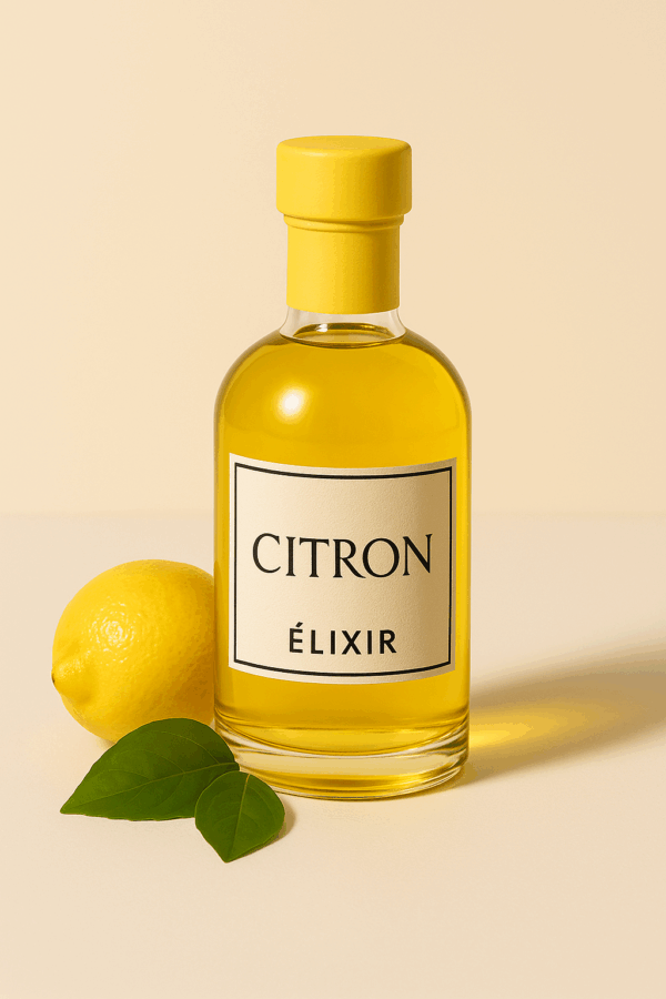 Huile d'olive extra vierge infusée au citron ( packaging de la bouteille inspiré de flacon de parfum, avec un citron à coté de la bouteille )
